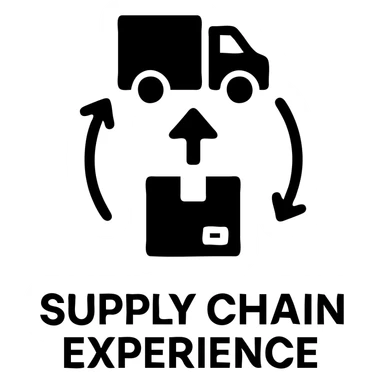 Minimalistic icon for 'Supply Chain Experience' featuring a logistics symbol, designed in a solid black filled style, with a grid layout sticker