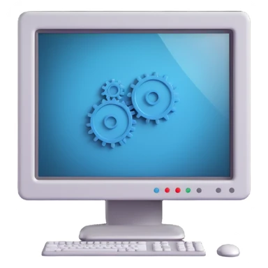 3D style icon of computer settings, featuring a computer monitor with visible cogs or gears, modern and dimensional, suitable for a tech interface sticker
