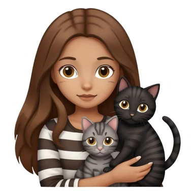 tan girl with long brown hair holding two cats, one black cat and one grey-striped cat sticker