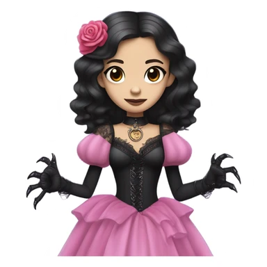 standing flirty Lavish black evening gown with see-through gloves, Jenna Ortega as Addams woman wearing a steampunk mini tiara, very large blood pink evil-looking horned old dragon sticker