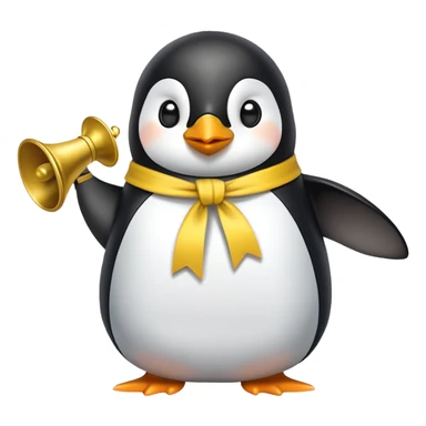 Penguin ringing bell vigorously with yellow ribbon sticker