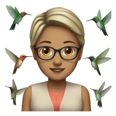 White girl  , brunette, with short hair, wearing glasses with a hummingbird next to her sticker