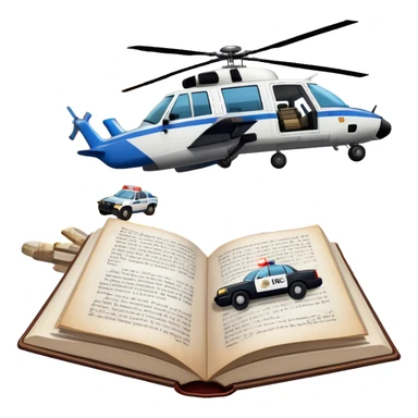 Icon for Action & Crime Reading: an open book with text, from which a police car is driving out along the pages, with explosions behind, a helicopter flying overhead, and a pistol with ammo and grenades in front. Transparent background. sticker