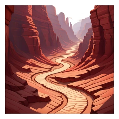 Cinematic Realistic Canyon Emoji, Vast and rugged, with deep red rock formations and winding paths leading down to a dry, dusty floor. Sunlight casts long shadows across the craggy surfaces, highlighting the layers of ancient rock. Soft glowing outline, capturing the essence of dramatic beauty and ancient history in a mighty canyon. sticker
