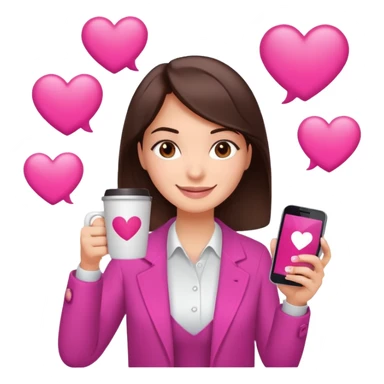 Social media manager. She has dark brown hair, brown eyes, a friendly smile. She is holding a smartphone and a coffee cup. Include subtle marketing elements like small icons of hashtags or a speech bubble with a heart, instagram logo. Use vibrant colors with a focus on pink and fuchsia tones. sticker
