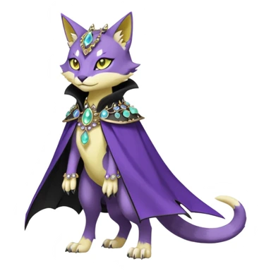 Kawaii cute Violet Yellow Black beautiful pretty elegant divine edgy feline-vernid-sergal-Fakémon-Pokémon-Digimon-fursona-animal-creature, full body, with intricate detailed markings, Embroidered capelet, Gem-studded horn ring sticker