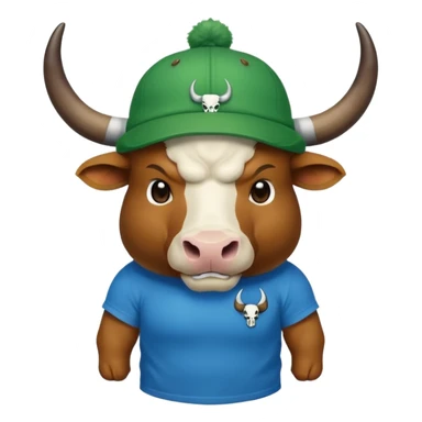 a bull wearing a green cap leveled WAGMI and wearing a blue t shirt and WAGMI designed with bulls skull and horn sticker