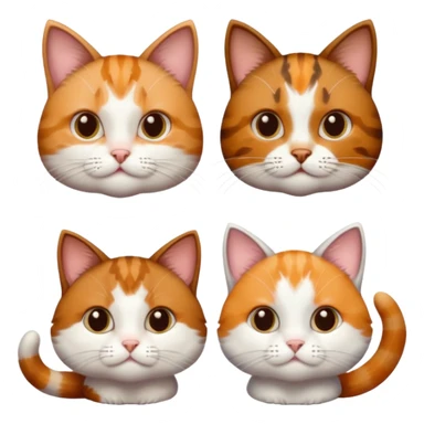 3 different coloured small cats including a dark brown tabby and white, and a patchy calico, and a ginger and white sticker