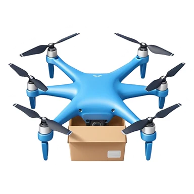Delivery drone sticker, and blue texture on the body quadcopter carrying small package box, friendly design, simple flat vector style, soft shadow, white outline, transparent background sticker