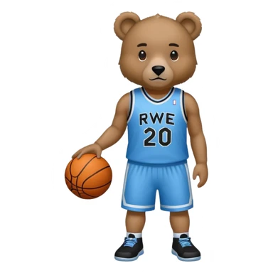 Bear with full body and wearing basketball black and light blue jersey that says RWE  sticker