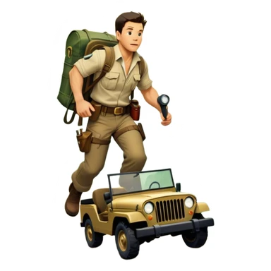 A vintage movie poster-style collage. Include action-packed elements like a treasure map, jungle scenes, a rugged explorer with a compass, and a speeding jeep. Add a shadowy figure resembling Mark Wahlberg in adventurous gear. Dramatic lighting, dynamic composition. Transparent background. sticker
