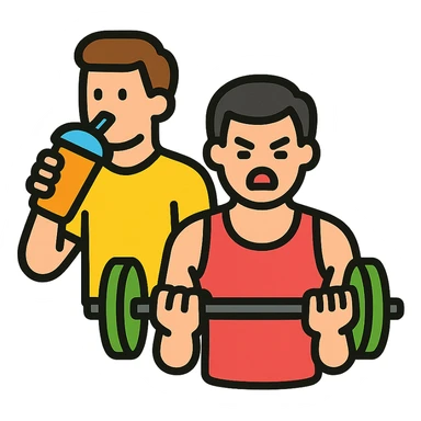 two men at the gym, one working out intensely, the other sipping a smoothie, icon style, clear contrast, simple and recognizable sticker