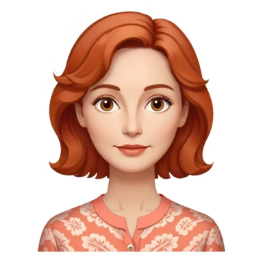 Middle-aged woman with elongated face, gentle structure, prominent cheekbones, warm expression, medium almond dark eyes, softly arched eyebrows, straight slender nose, friendly defined lips, reddish wavy hair with volume, wearing a coral-colored artistic-cut comfortable shirt sticker