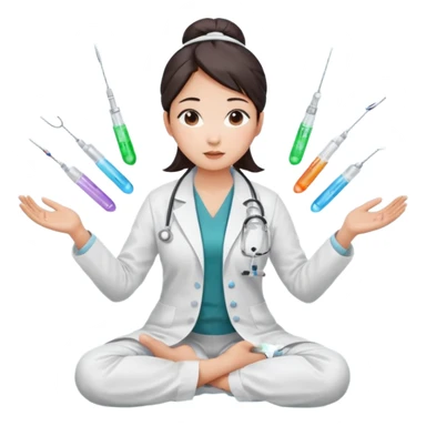 emoji of an asian woman with a single bun in a white lab coat sitting cross legged with micropipettes levitating in an arc around her head, the tips should be pointing away from her and she should not be wearing a steth escope sticker