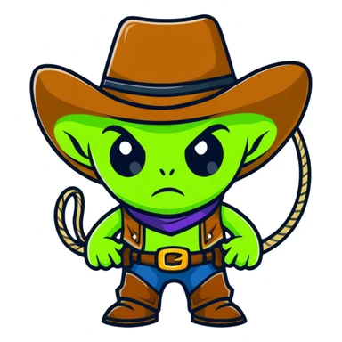 Green alien cowboy with cowboy hat and lasso sticker