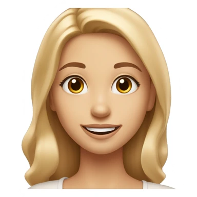 girl, heart-shaped face with high cheekbones and slightly pointed chin, almond-shaped eyes of light brown color, framed by long natural lashes. 
Eyebrows arched, medium thick, long light blonde hair, wide smile, showing teeth, joyful and expressive face sticker