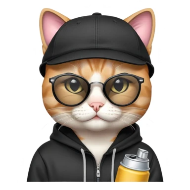 cat with one eye CLOSED in a CLEAR WINK, wearing black snapback cap and black hoodie, black sunglasses tilted low on nose, looking over the top of sunglasses at viewer with other eye open, holding spray paint can sticker