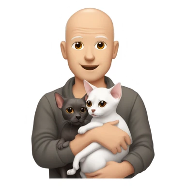 White, bald man is holding a grey, small sphinx cat and woman with dark, straight hair is holding orange, fluffy Pomeranian dog sticker