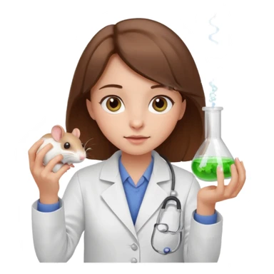 a cute brown haired girl with hazel eyes holding a white mice in hand doing experiment in lab sticker