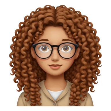 make a really curly hair, teen girl with glasses and little acne that looks like freckles longer like more than shoulder lengthcurly hair, and pretty withe makeup on giving clean girl vibes, and make her have tan skin more blush and really pretty, and the har is really really long

 sticker