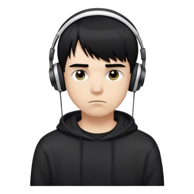 Chico joven de pelo negro lacio con un fleco emo corto desde las cejas,cejas pobladas,sudadera negra,audífonos blancos,cara triste,ojeras, sticker