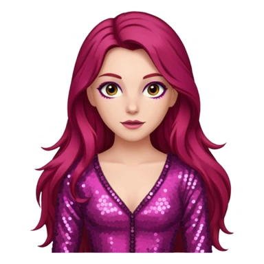 Chappell Roan (b.1998) with long dark red hair, dark pink sequin outfit, makeup sticker