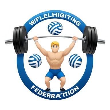 An emblem representing the World Weightlifting Federation with a stylized barbell and global elements. Bold text and clean lines symbolize strength, unity, and competition. Modern, dynamic design with a transparent background. sticker