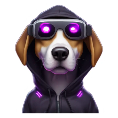 funny dog wearing a black hoodie with "OMG" letters on it and VR headset in a cyberpunk VR environment with violet neon lighting. sticker