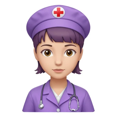 A young female slim nurse with short Brown hair with fringe over her forehead, wearing larvendar purple working cloth sticker