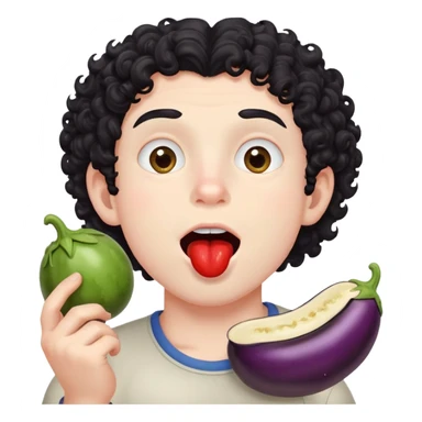 Black curly hair boy pale skin mout watering eating an eggplant with red cheeks sticker