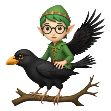 tiny forest elf with round glasses riding crow sticker