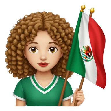 A pale light skin brown girl with curly hair that is holding a Mexican flag  sticker