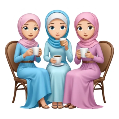 Turkish beautiful finish Konya girls blue eyes with pastel hijab long tail dress and the two friends sits on the chair on the ground and holds cup coffe with her hand  sticker