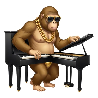 ape with big golden chain on the neck wearing sunglasses plays piano full height sticker