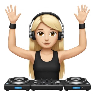 I want a white female dj animated gif emoji with long straight centre parting blonde hair, brown eye brows and putting hands up in the air. Wearing a black tight top with no sleeve. Also wearing DJ headphones  sticker