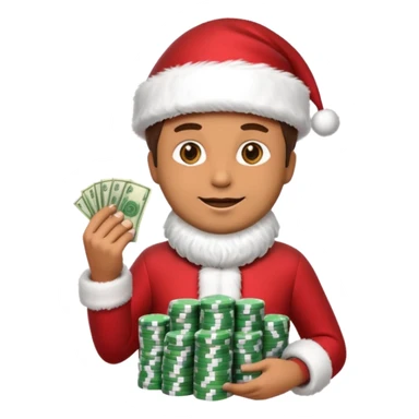 A confident rich emoji face wearing a Santa hat, money stacks, casino vibe, New Year theme, premium 3D emoji style, sharp details, no text, isolated on transparent background sticker