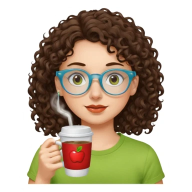 White girl with dark brown curly hair, brown eyes, sky blue glasses, nose ring, apple green t shirt, drinking coffee from a glass cup sticker