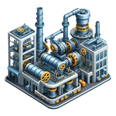 An icon featuring a giant factory with industrial machines and assembly lines, symbolizing mechanical engineering. The design includes gears, robotic arms, and blueprints, representing the creation of machinery and complex systems. Transparent background highlights innovation in manufacturing sticker