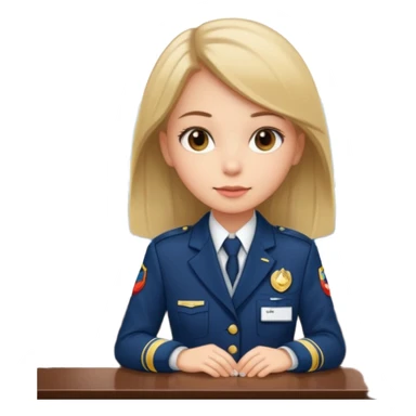 Reception Young girl, straight hair, wearing uniform jacket with hotel name badge, tasteful scarf, stand behind the desk

 sticker