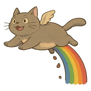 ghibli style flying cat pooping rainbows sticker