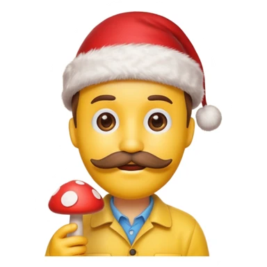 yellow emoji face with brown mustache and red Christmas hat, holding tiny red mushroom, 3D emoji style, 1:1
 sticker