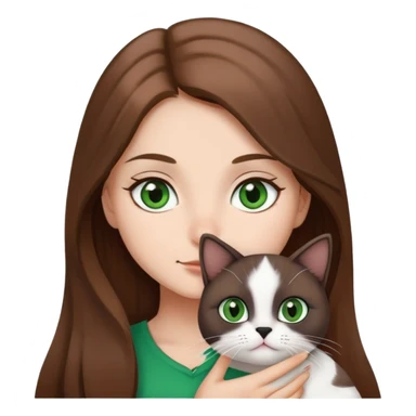 Create a girl with long brown hair and brown eyes holding a small black and white cat (even her nose is black) and green eyes sticker