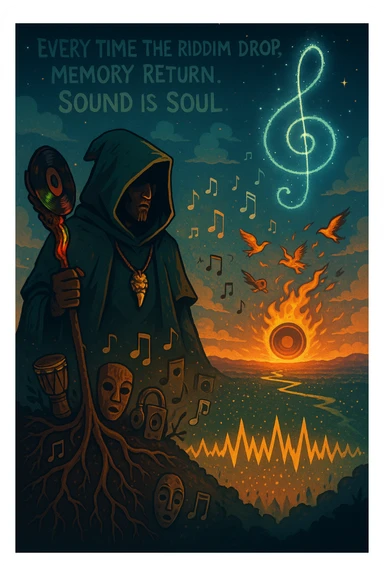 Create a mythical, animated-style poster set in a timeless world where sound is sacred. At the center, a hooded guardian of rhythm stands on a hill, overlooking a vast land shaped like a giant soundwave.

He holds a staff made of melted vinyl records, glowing with faint reggae colours — red, gold, and green. Around his neck is a lion’s fang pendant, and behind him, a swirling constellation shaped like a treble clef lights the sky.

From the earth, roots twist upward into musical notes, connecting instruments, speakers, and ancestral masks half-buried in the soil.

A flock of birds made from broken headphones and fire rises from the horizon — flying toward a glowing sun that pulses like a subwoofer.

Below, scattered across the valley, are tiny glowing embers — each one representing a soul still dancing, still alive.

In the sky, faint words form from the clouds:
“Every time the riddim drop, memory return. Sound is soul.”

The artwork should feel ancient, futuristic, and sacredly street — part graffiti, part prophecy, part roots revival. sticker