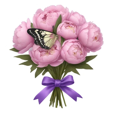 A purple silk ribbon tied around a bouquet of dried pink peonies , with a delicate pastel violet butterfly perched gently on the bow. sticker