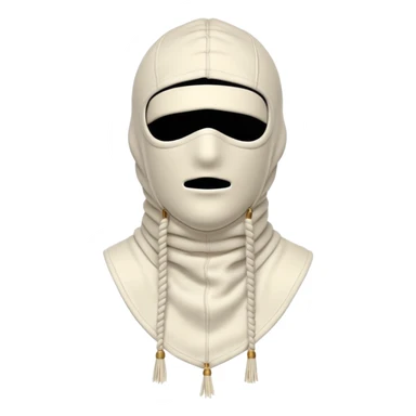 Deconstructed off-white balaclava with frayed layers, rope tassels, subtle embroidery. Studio photo, white bg, soft light. Streetwear luxury style.
 sticker