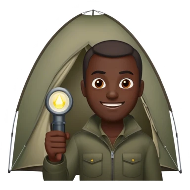 dark skinned man aiming flashlight at tent with evil smile on his face sticker
