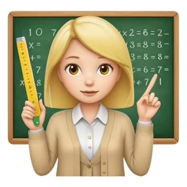 a girl emoji wearing a beige cardigan over a white collared shirt, holding a yellow straight ruler, pointing at a green chalkboard with math equations on it sticker