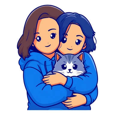 Brunette girl with dark blue sweatshirt cuddling a fluffy grey Siberian cat, detailed illustration sticker