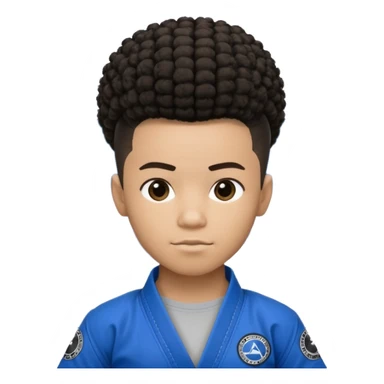 black jiu jitsu instructor with a afro ponytail and a low taper fade sides haircut, and a small fade on the sides with a blue belt and roger Gracie academy logo on the gi sticker
