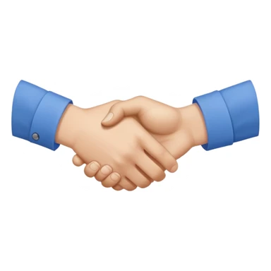 Close-up of a handshake gesture, both hands wearing blue shirt sleeves sticker